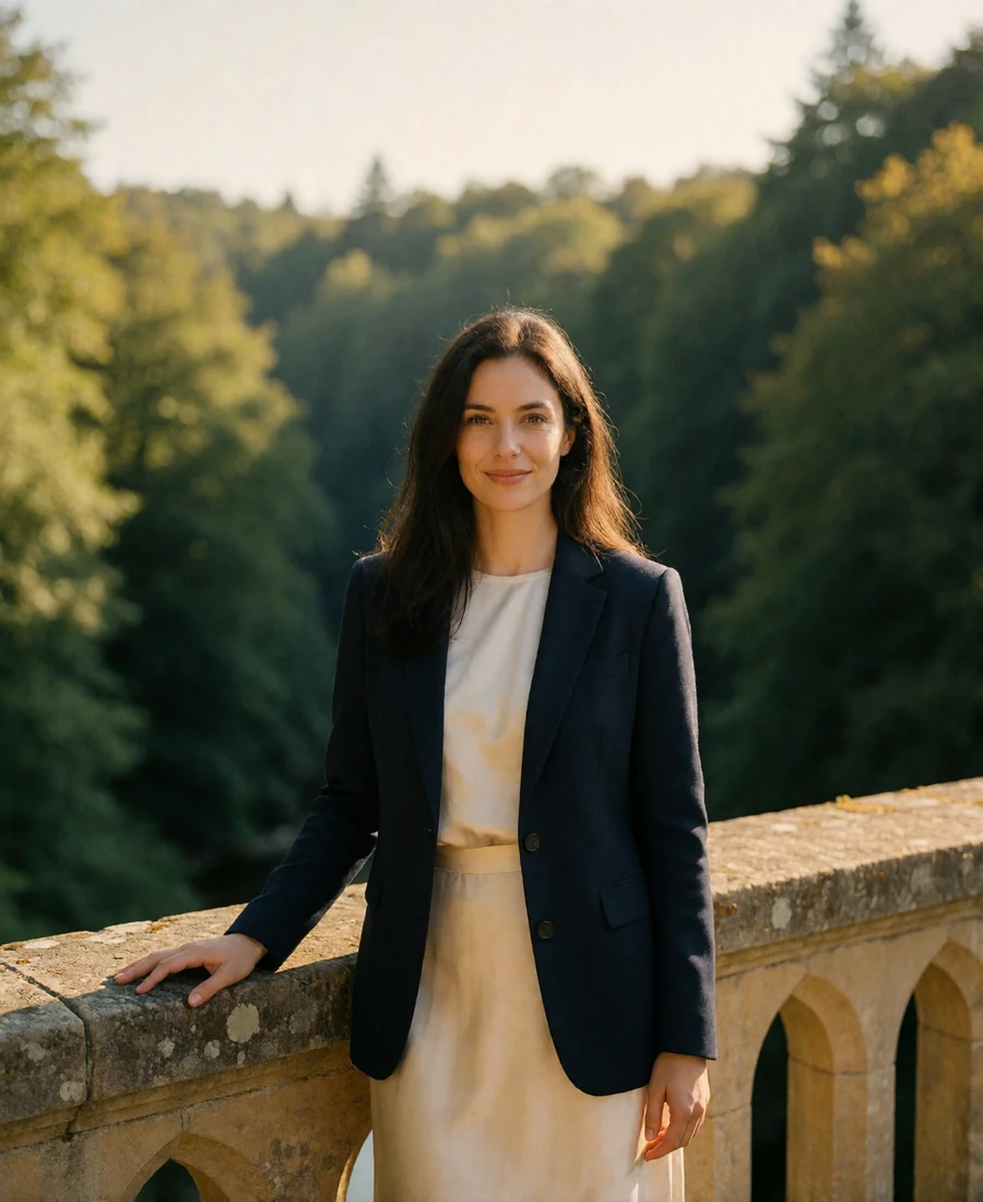 Woman with long dark hair in a navy blazer standing on a stone footbridge above a wooded Luxembourg valley