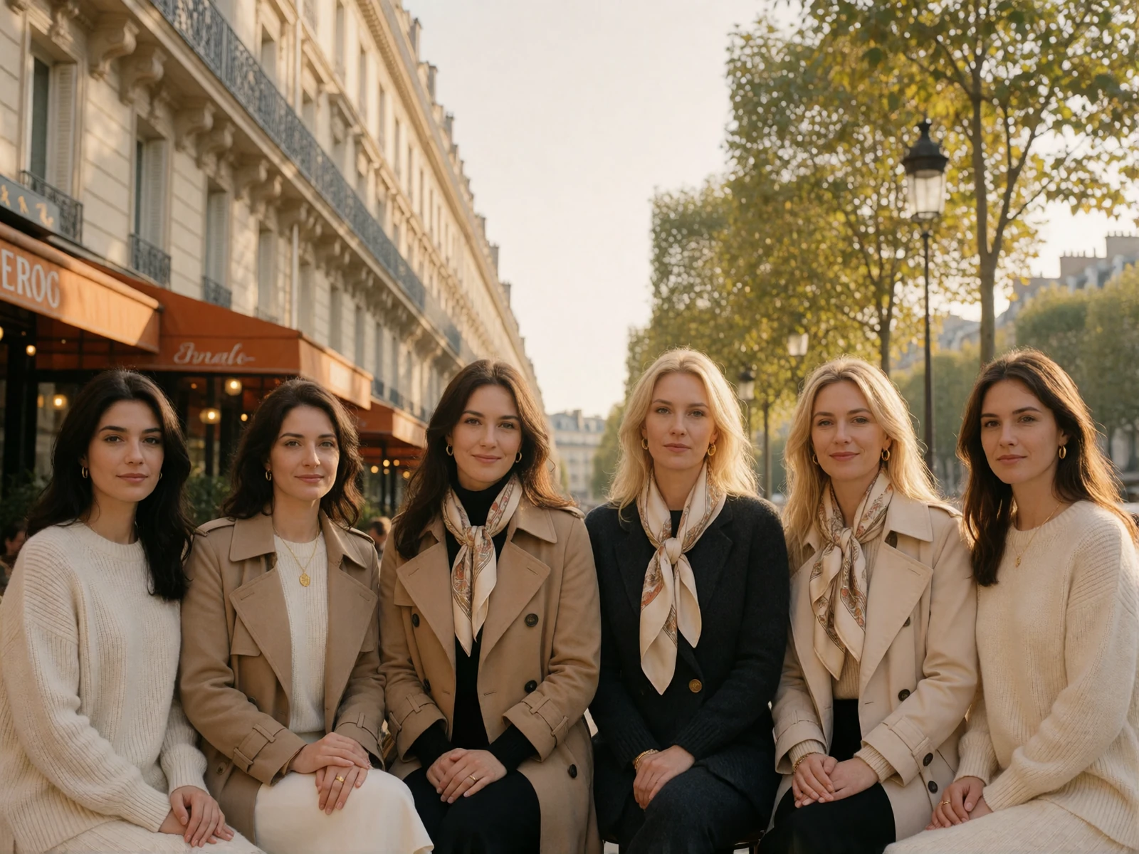 Six French women in fine knits and trench coats standing along a cream Haussmann-style street in warm afternoon light