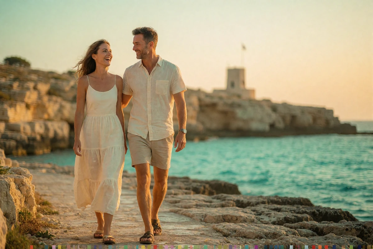 Couple in their forties walking together along a rocky Maltese coastal path at golden hour