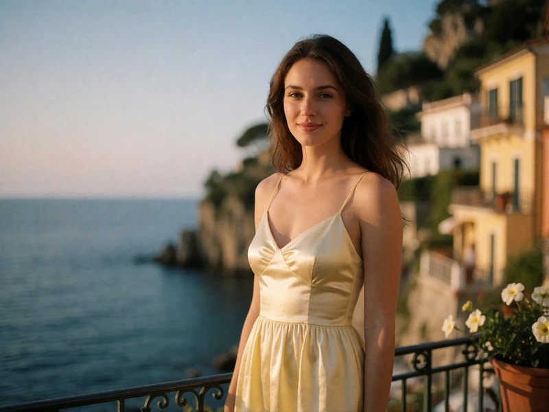 Italian woman in a pale yellow sundress standing on a coastal terrace with cliffside houses behind her