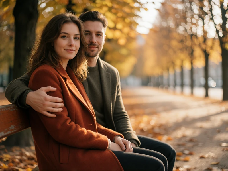 Couple sitting close together on a park bench in a European city during autumn