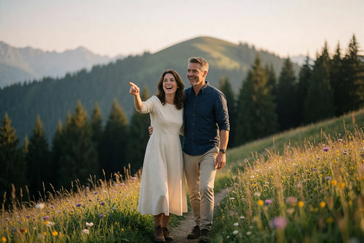 Couple in their forties pausing together on an alpine meadow trail with mountains behind them