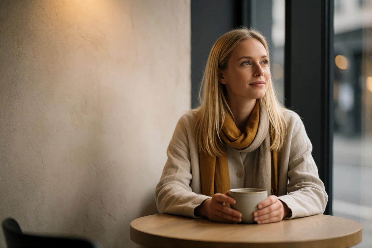 Norwegian woman with light blonde hair holding a ceramic cup and smiling in a modern Oslo cafe by a window