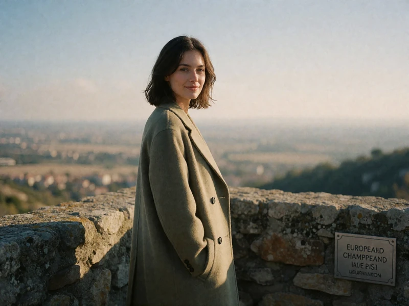 Woman in a soft olive coat standing on a hilltop stone terrace with a wide hazy valley behind her