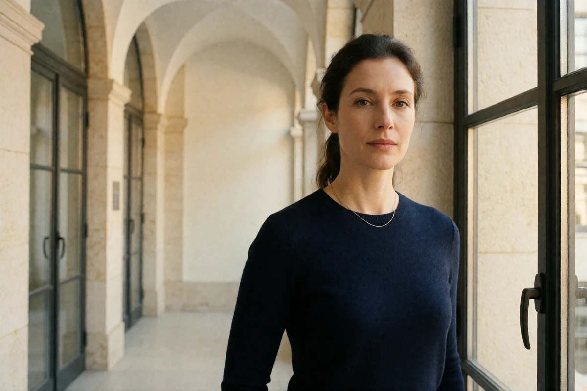 Poised German woman in a navy knit standing beside an arched window in a modern office atrium