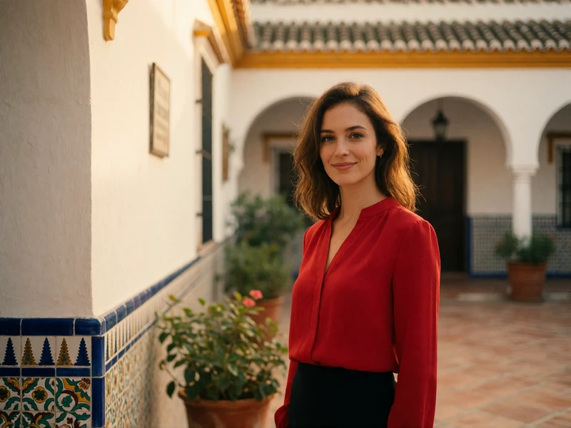 Spanish woman in a red blouse smiling in a tiled Andalusian courtyard