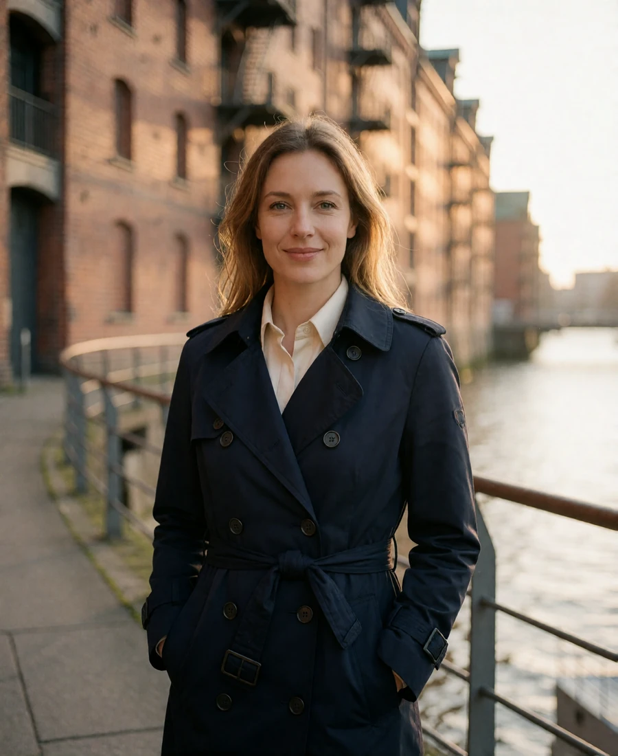 German woman in a navy trench coat on a Hamburg waterfront walkway, offering a composed friendly smile
