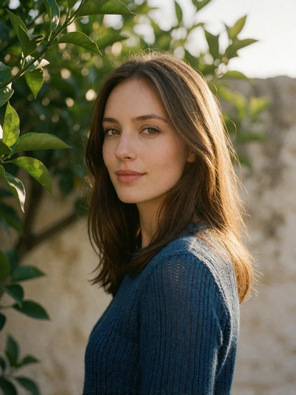 Cypriot woman in a blue knit top standing in a sunlit Paphos citrus garden