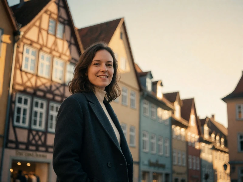 German woman in a charcoal coat standing in a historic old-town square with half-timbered buildings behind her