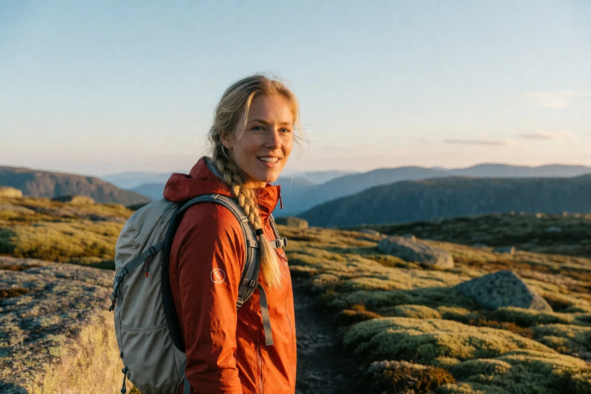 Norwegian woman in a burnt-orange shell jacket pausing on a mountain trail and turning back with a natural smile