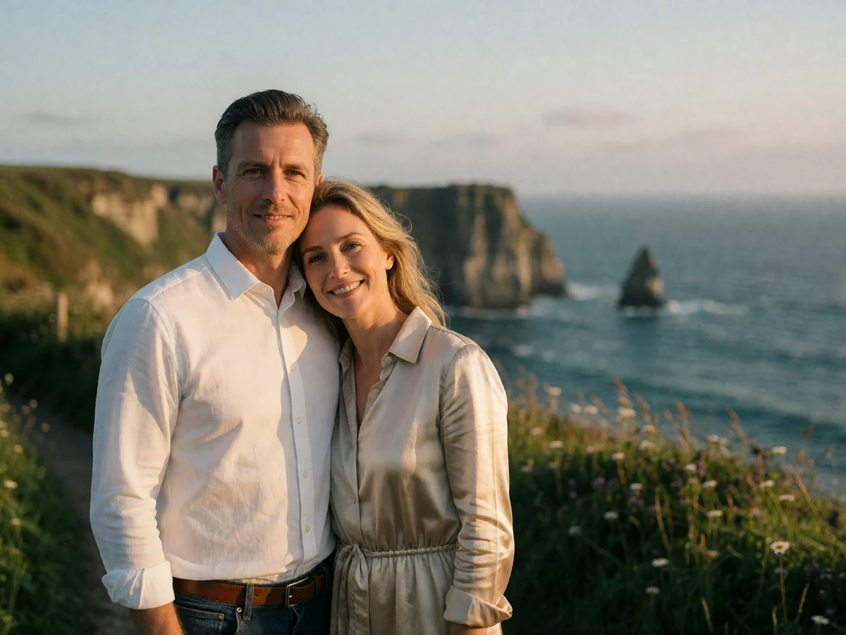 Couple in their late forties embracing on a green Atlantic clifftop path in Ireland at golden hour