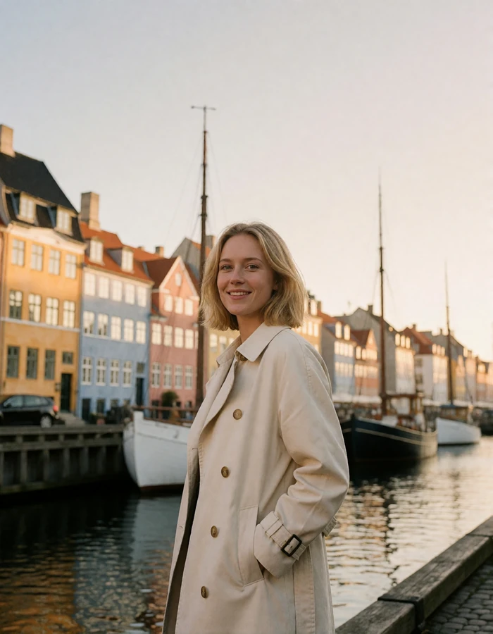 Danish woman in a cream trench coat smiling beside a pastel-coloured Copenhagen canal