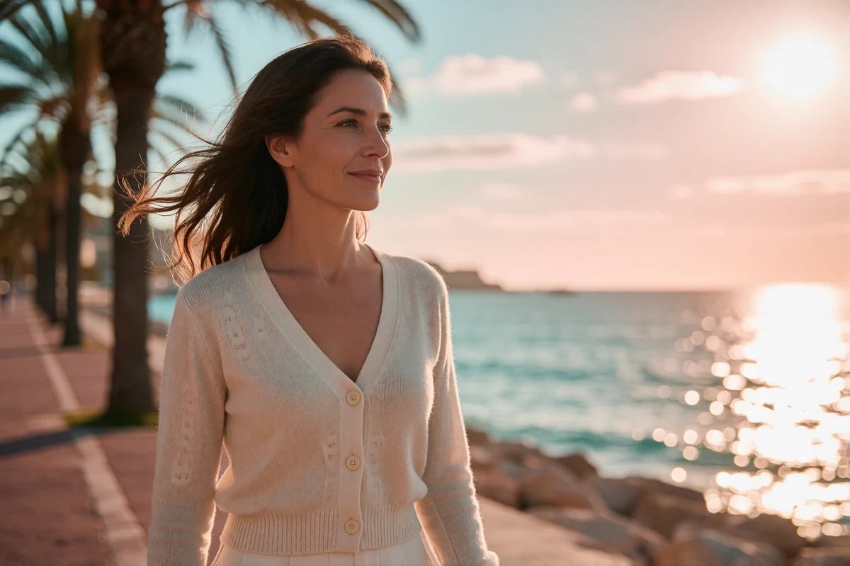 Poised Spanish woman in her forties walking a Costa Brava seaside promenade at sunset with the Mediterranean behind her