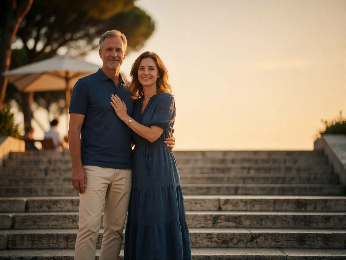 Couple in their late forties standing arm in arm on a broad Roman stone stairway at sunset