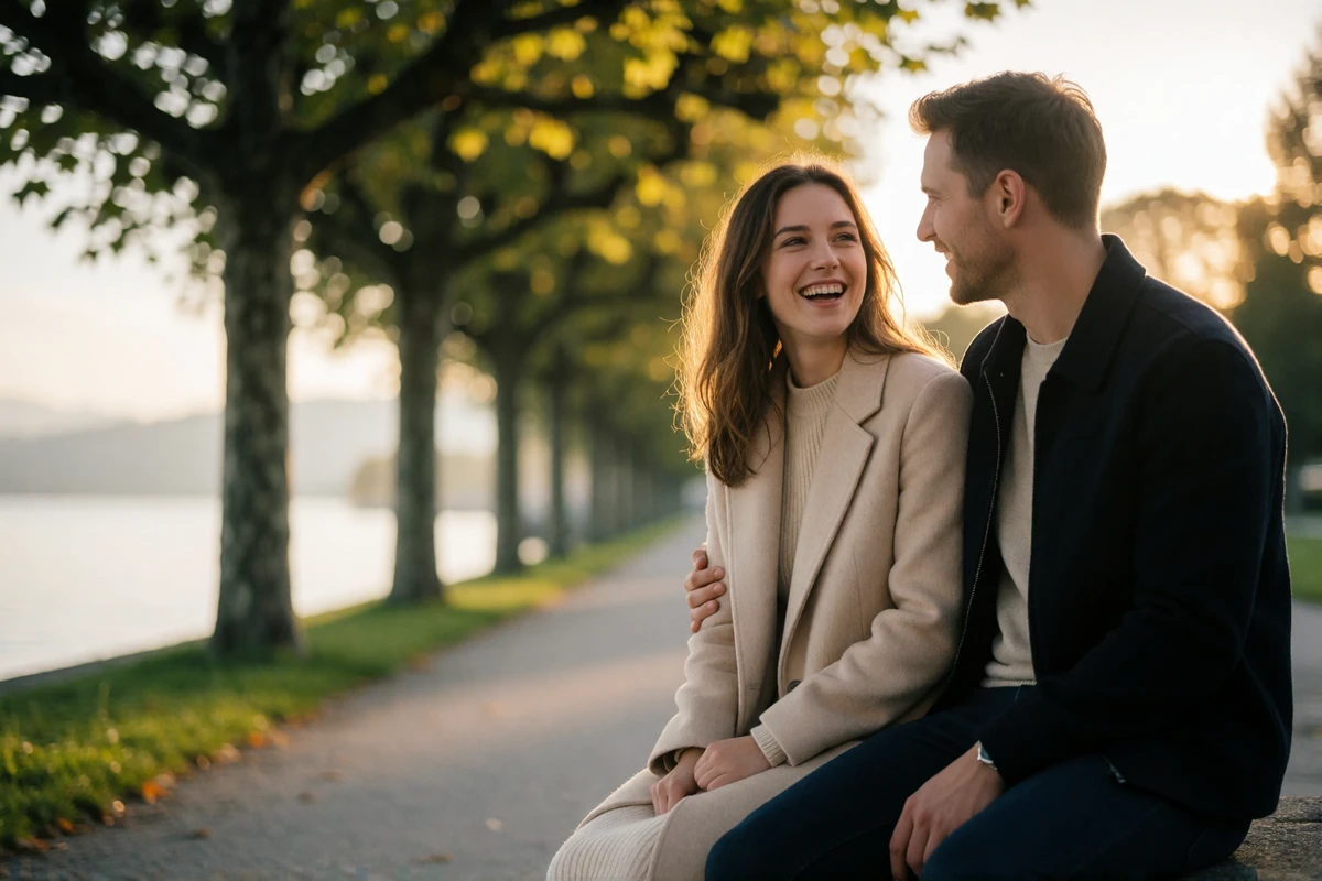 Couple walking arm in arm along a tree-lined Swiss lakeside promenade at golden hour