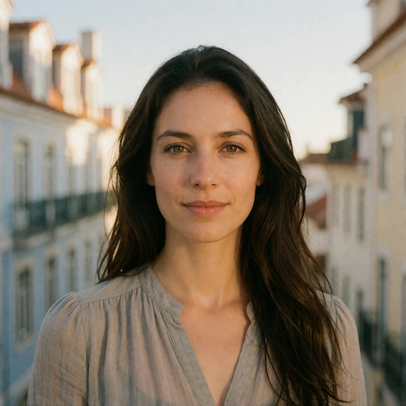 Portuguese woman with long dark-brown hair smiling gently against blurred pastel Lisbon facades