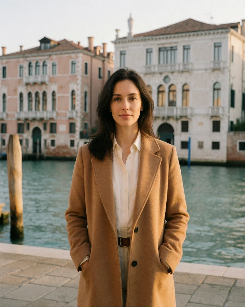 Poised Italian woman in her thirties in a caramel coat standing on a Venetian canal-side walkway