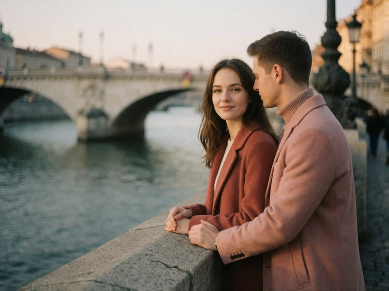 Couple standing close together at a stone river promenade railing in a historic European capital at golden hour