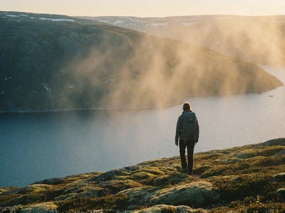 Distant hiker on a ridge above a misty Nordic fjord at low sun