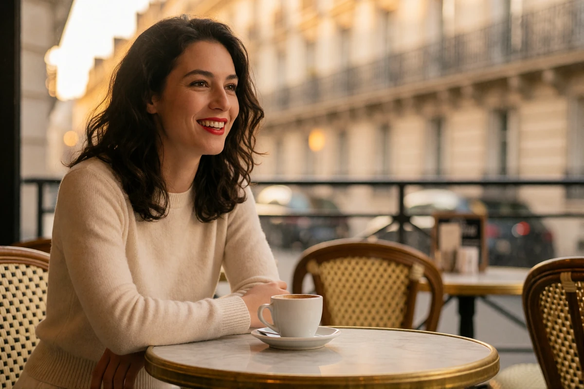 French woman with wavy dark hair leaning on a marble café table in Paris, smiling mid-conversation