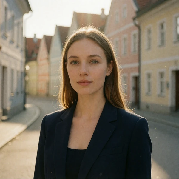 German woman in a navy blazer on a Bavarian old-town street in late-afternoon light