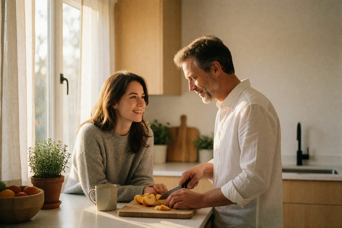 Couple sharing a quiet morning together in a bright modern kitchen with pale wooden cabinets