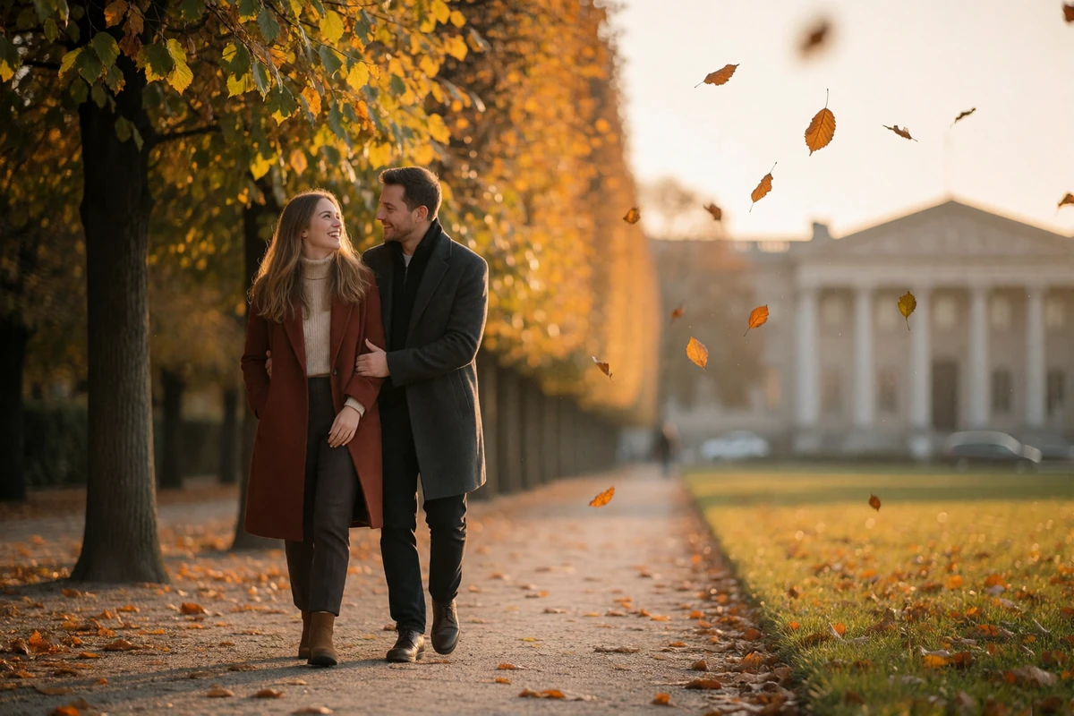 Couple in their late thirties walking a tree-lined gravel path in a German city park in autumn light