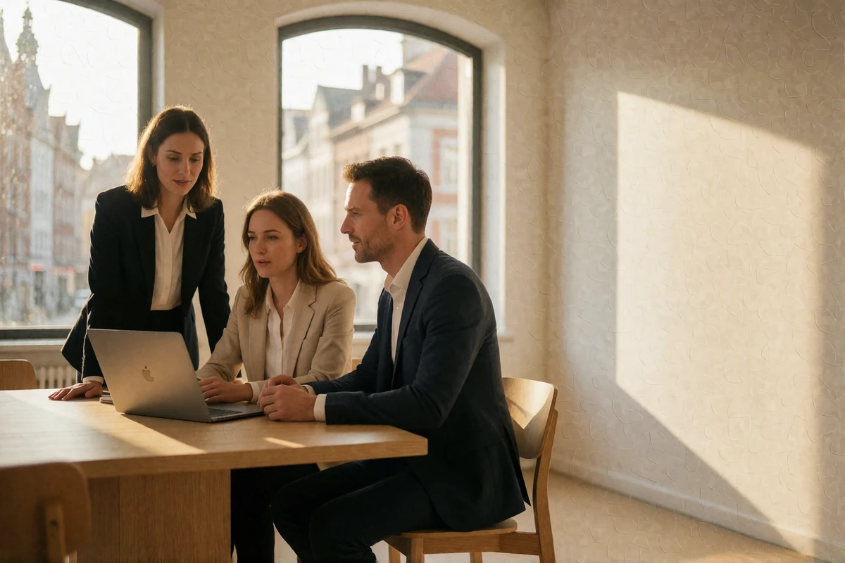 Multilingual EuroConnect support team gathered around a table in a bright European office reviewing member questions