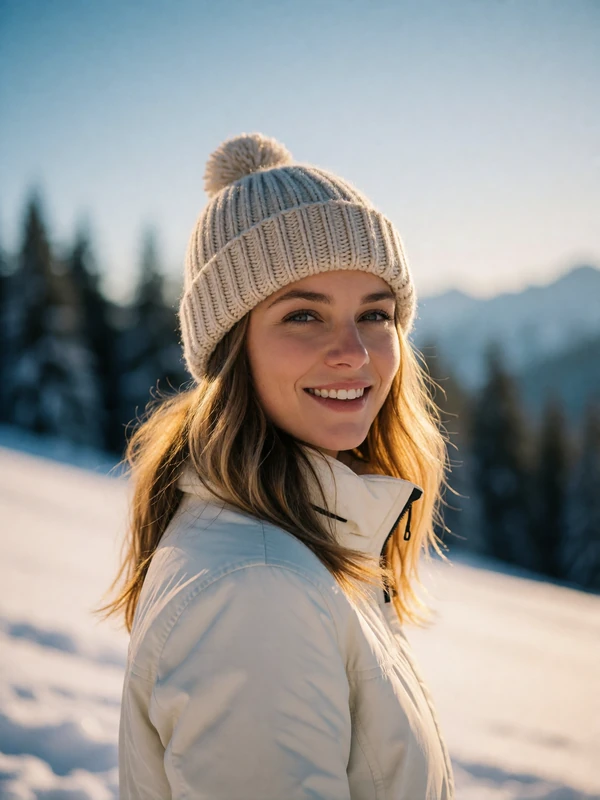 Andorran woman in a white jacket and knitted hat smiling on a snowy ski slope