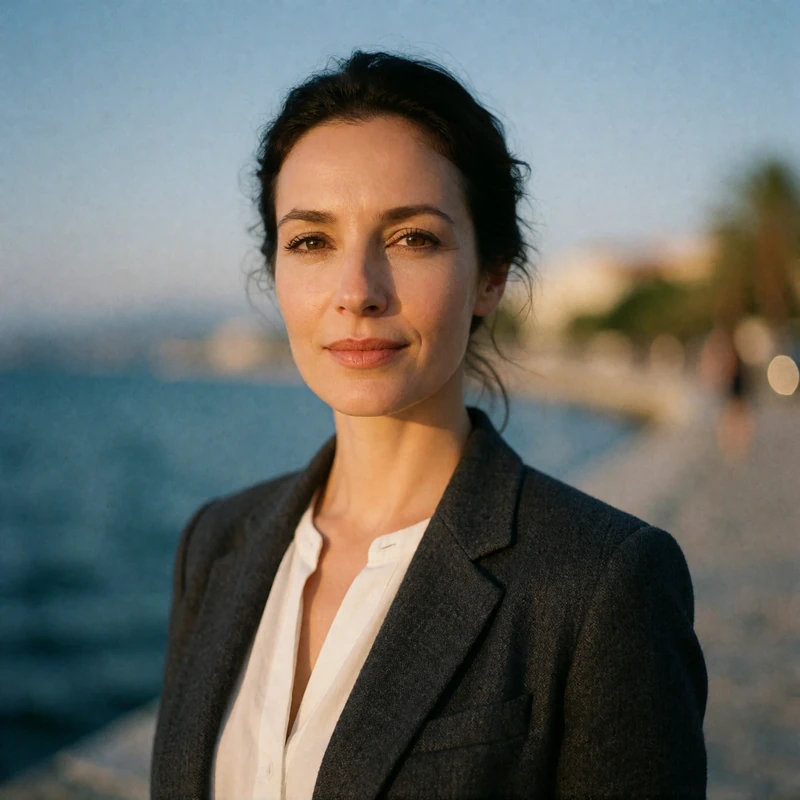 Composed Greek woman in her early forties with a charcoal blazer near the Thessaloniki waterfront at evening