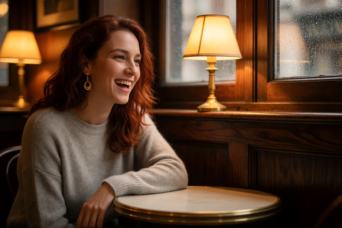 British woman with auburn hair laughing in conversation across a table in a wood-panelled London pub