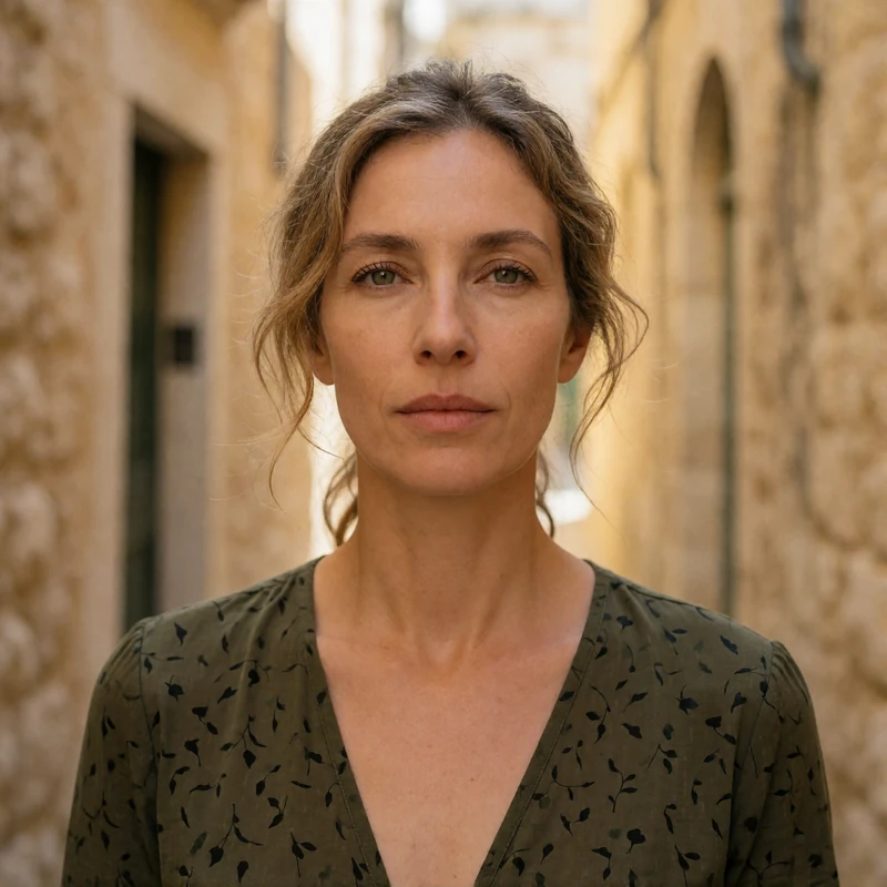 Maltese woman in her early 40s from Mdina, Malta, portrait with a soft smile