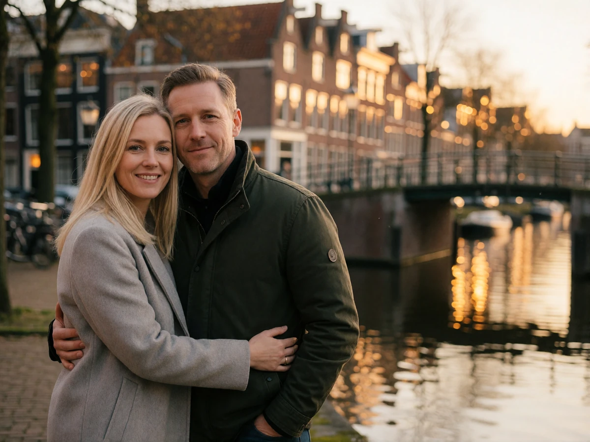 Couple in their forties standing arm in arm on a canal bank in the Netherlands at golden hour