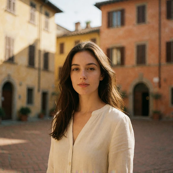 Italian woman in a cream linen blouse smiling in a sunlit Florence piazza