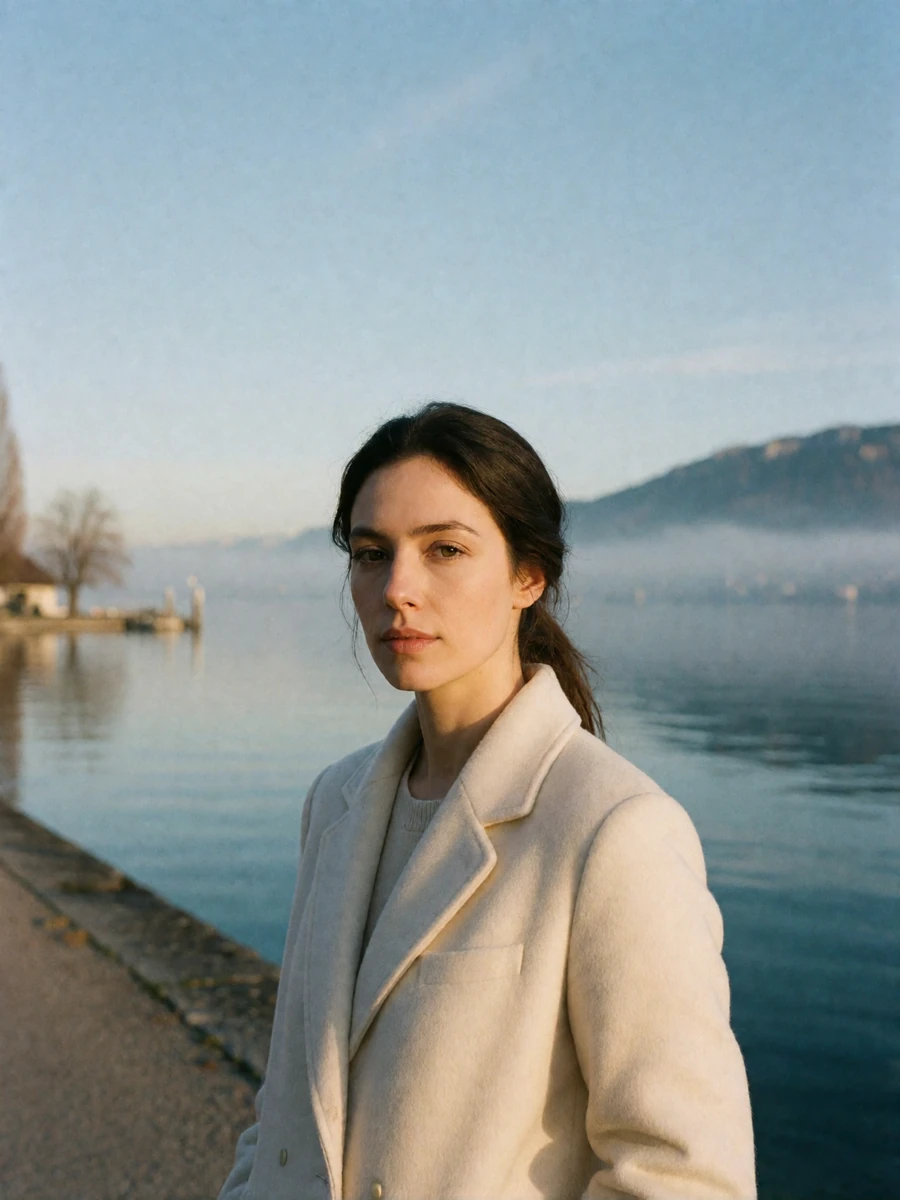 Elegant Swiss woman in an ivory coat standing on a Geneva lakeside walkway