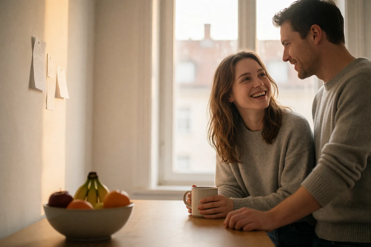 Couple sharing a relaxed morning conversation in a bright European apartment kitchen