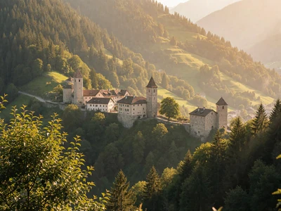Alpine principality townscape with stone towers on a green ridge above a valley