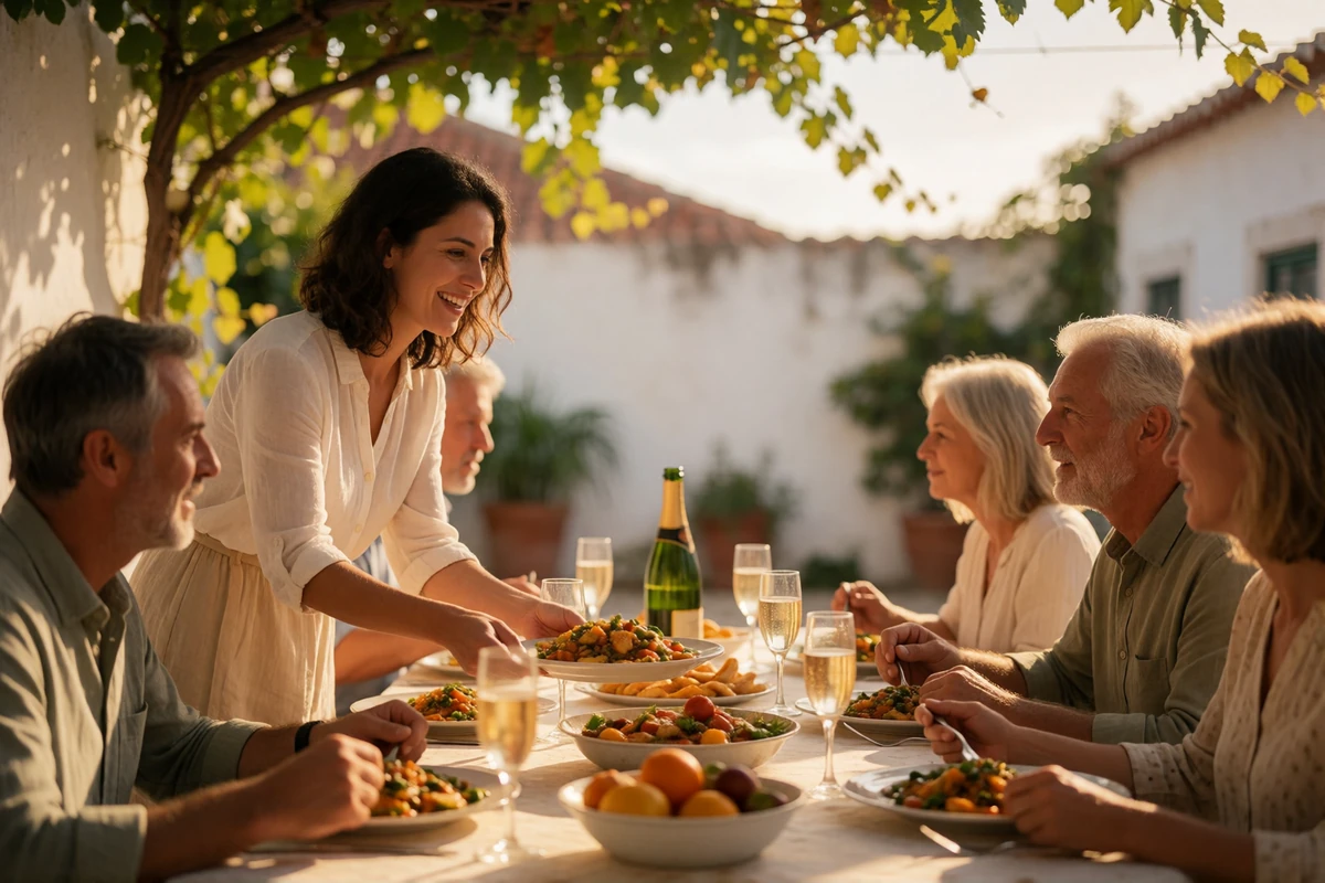 Multigenerational Portuguese family lunch in a sunlit courtyard with a woman serving a shared dish