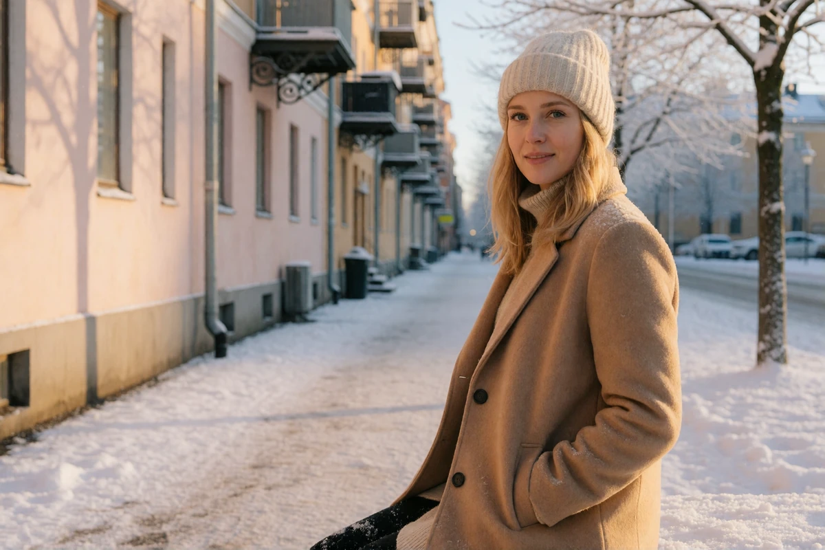 Finnish woman in a camel wool coat and cream beanie smiling on a snow-dusted Helsinki side street