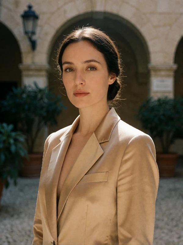 Elegant Sammarinese woman in a camel blazer standing in a shaded stone courtyard