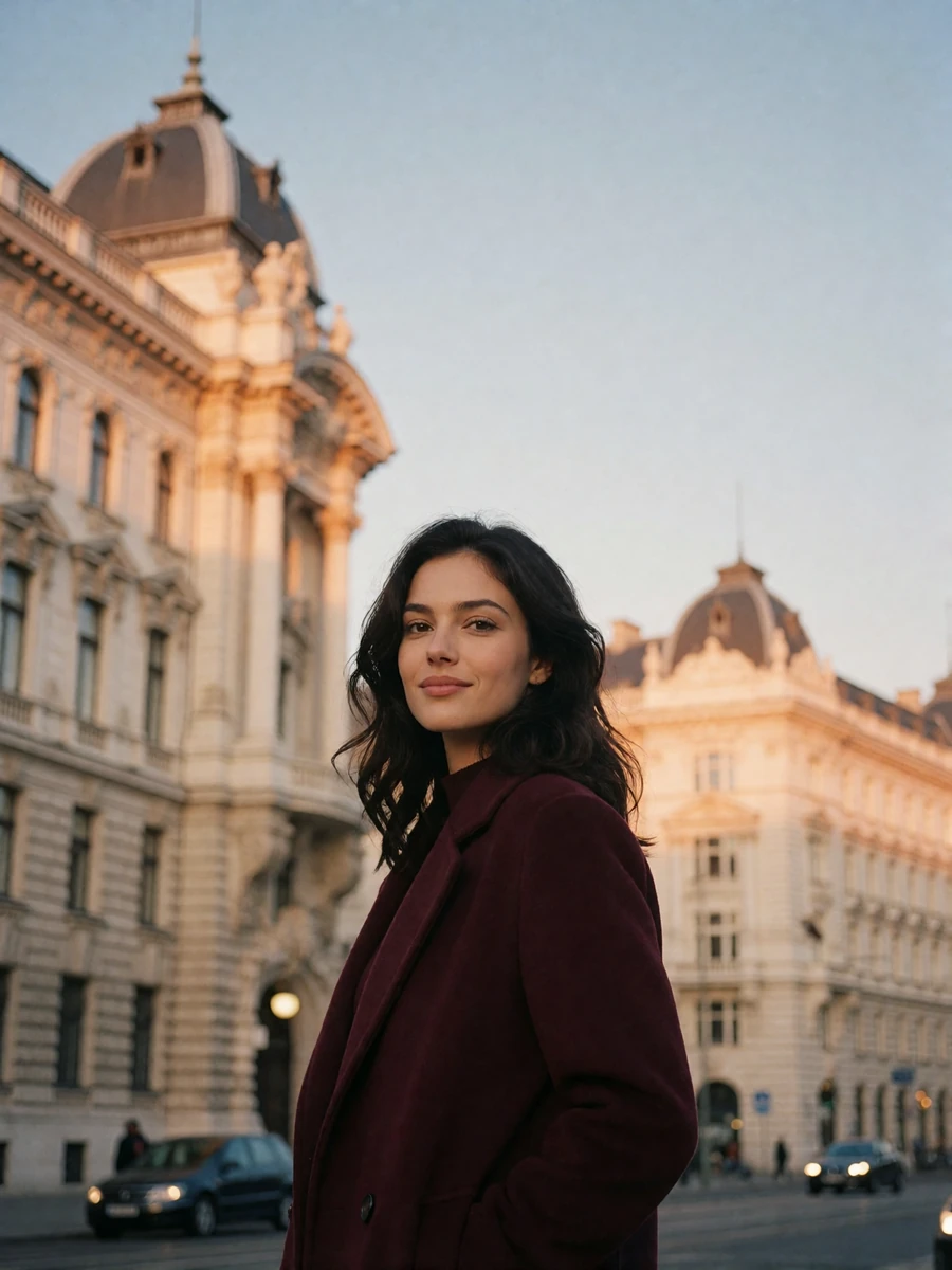 Austrian woman in a burgundy coat standing on a Vienna boulevard at dusk