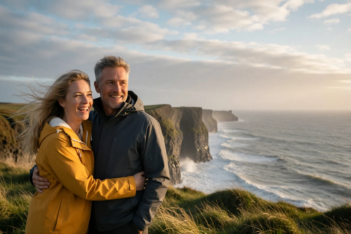 Couple in windproof jackets standing together on a grassy Icelandic coastal clifftop above dark basalt sea cliffs