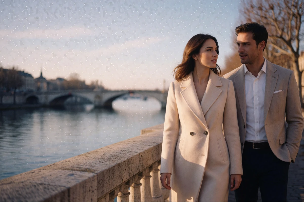 Couple walking together and talking along a stone riverside balustrade in a European city