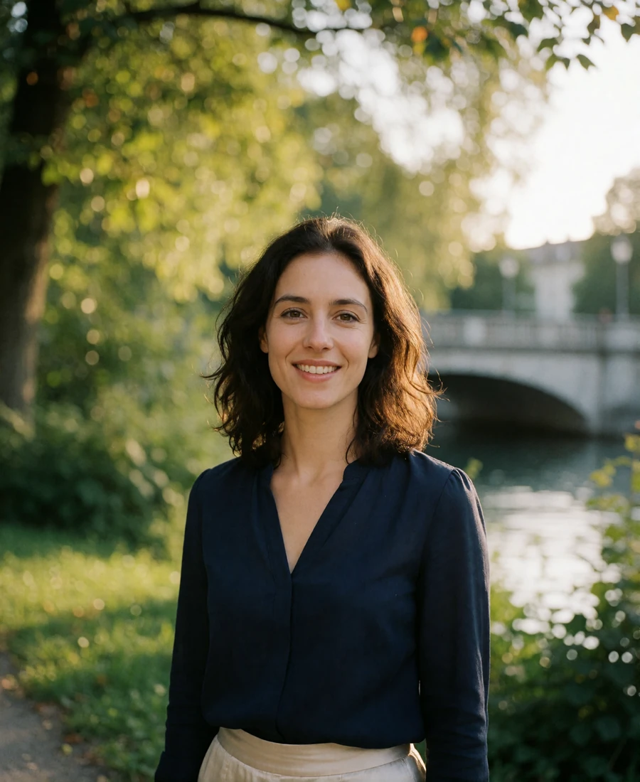 Swiss woman with dark wavy hair smiling in a leafy Zurich riverside park