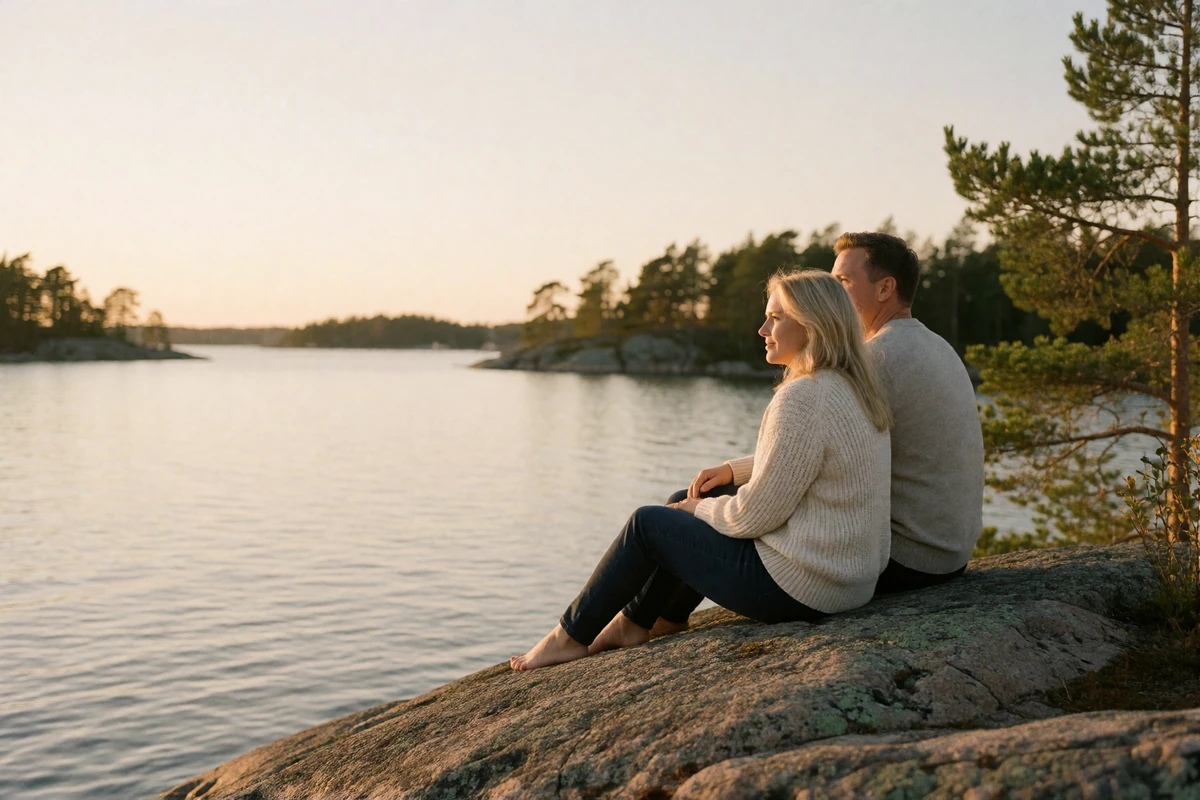 Couple sitting close together on a granite rock overlooking the Stockholm archipelago at sunset