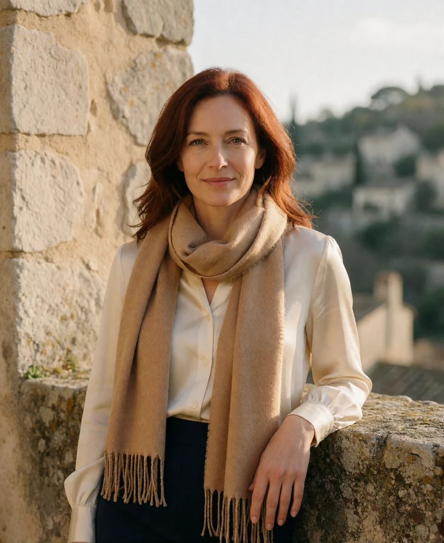 Woman with auburn hair and a camel scarf beside an old stone wall in a southern Liechtenstein village