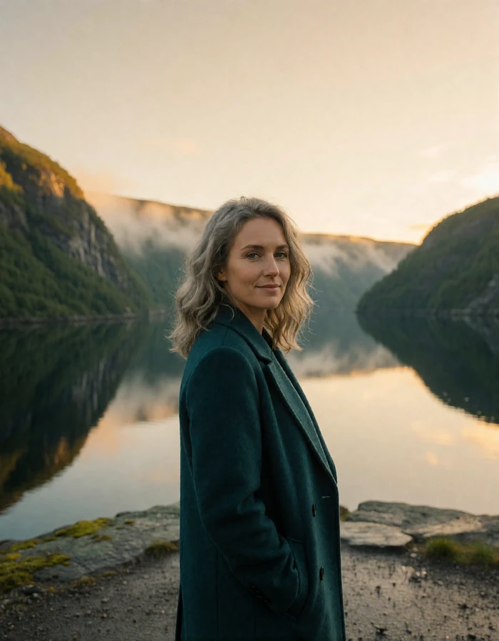 Norwegian woman in a teal wool coat smiling on a fjord-side lookout at golden hour
