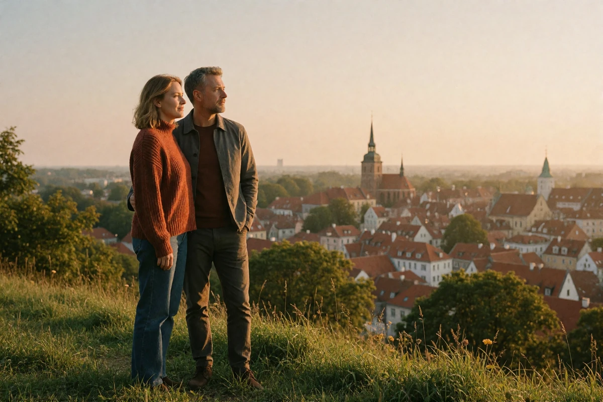 Couple standing together on a grassy hilltop overlooking a historic Baltic city of red-tiled roofs and church spires