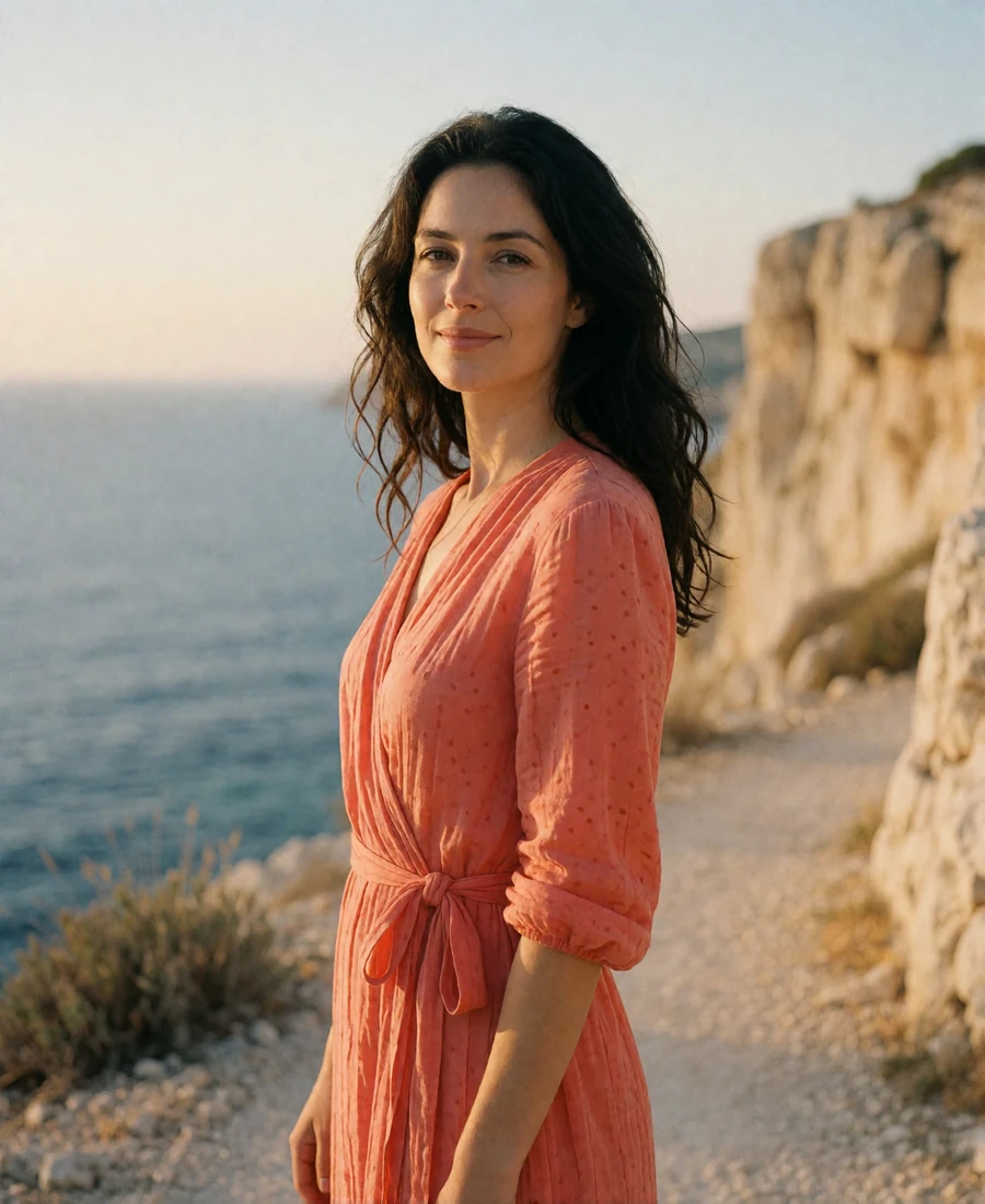 Dark-haired woman in a coral wrap dress on a cliffside path above the Mediterranean