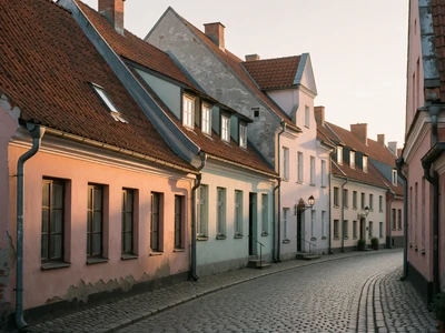 Baltic old-town lane with pastel merchant houses and cobblestones at dusk